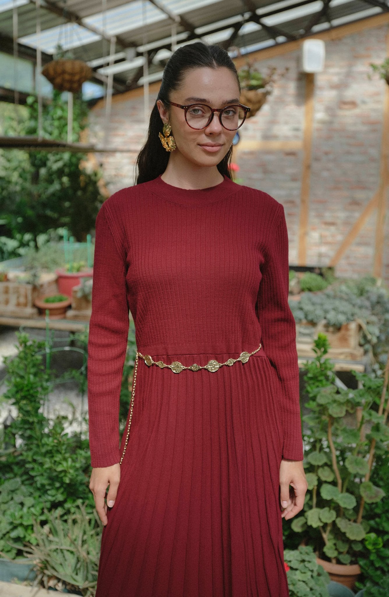 Fitilli Pileli Bordo Triko Elbise - Fatma Atasoy