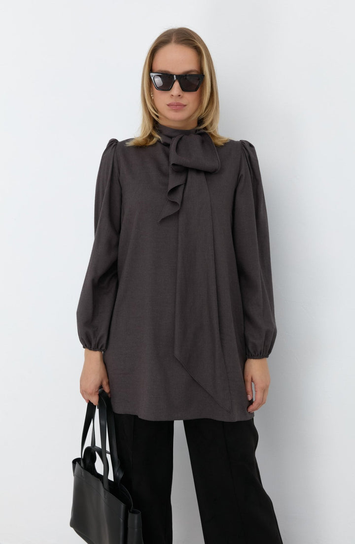 Fiyonklu Midi Viskon Gri Tunik - Fatma Atasoy