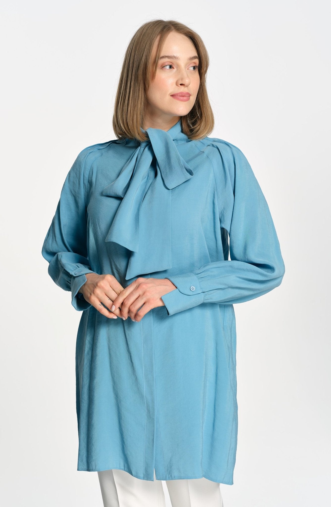 Fiyonklu Modal Soft Mavi Gömlek - Fatma Atasoy