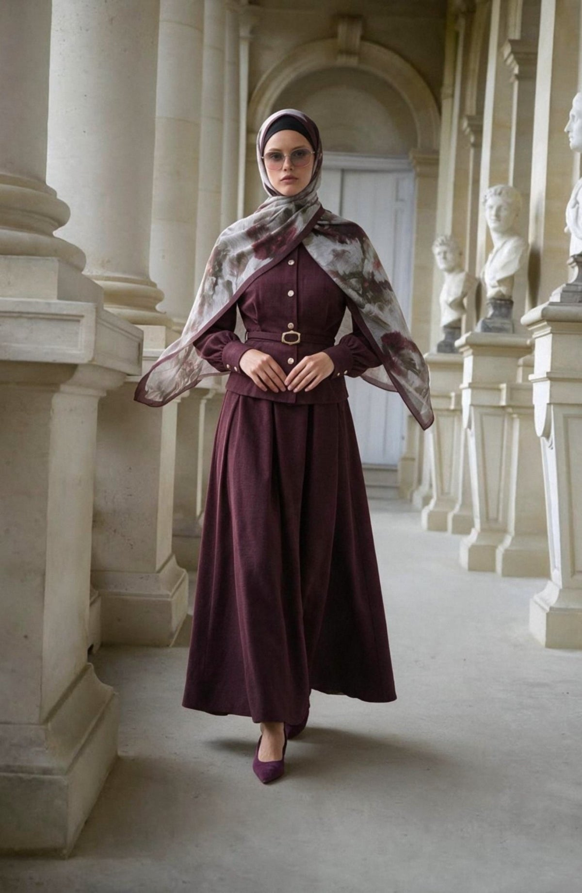 Flora Mist Desenli Mürdüm Şal - Fatma Atasoy