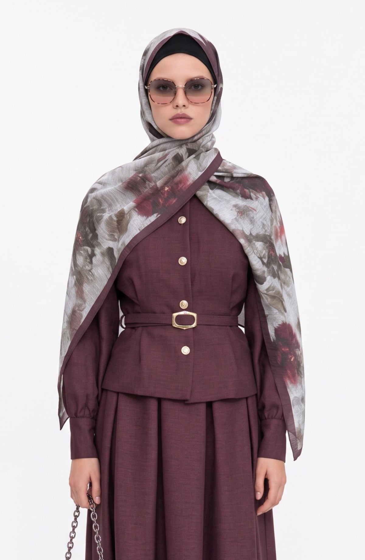 Flora Mist Desenli Mürdüm Şal - Fatma Atasoy