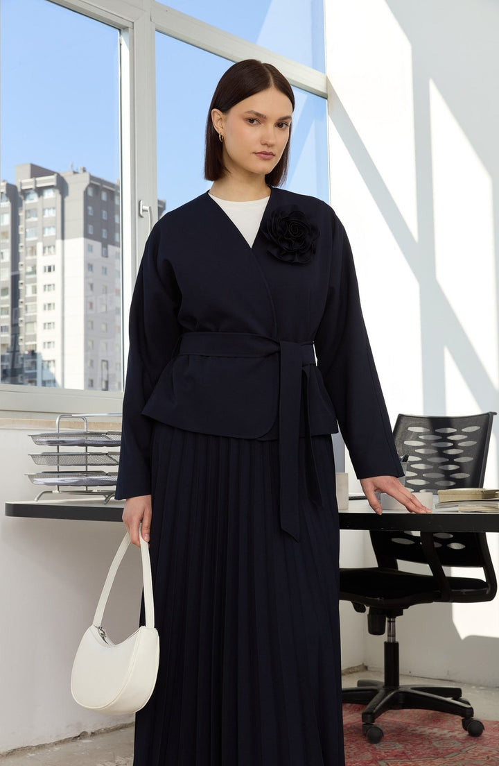 Floral Lacivert Kimono Ceket - Fatma Atasoy