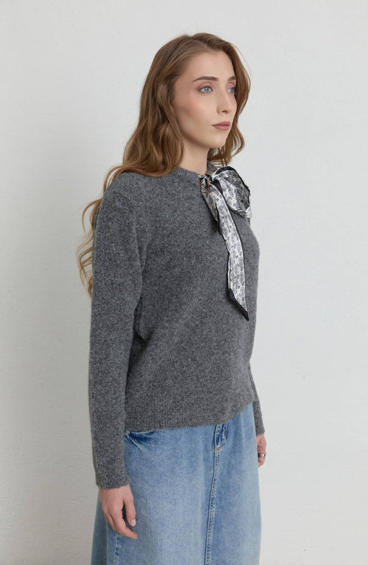 Fularlı Antrasit Basic Yumoş Triko Kazak - Fatma Atasoy