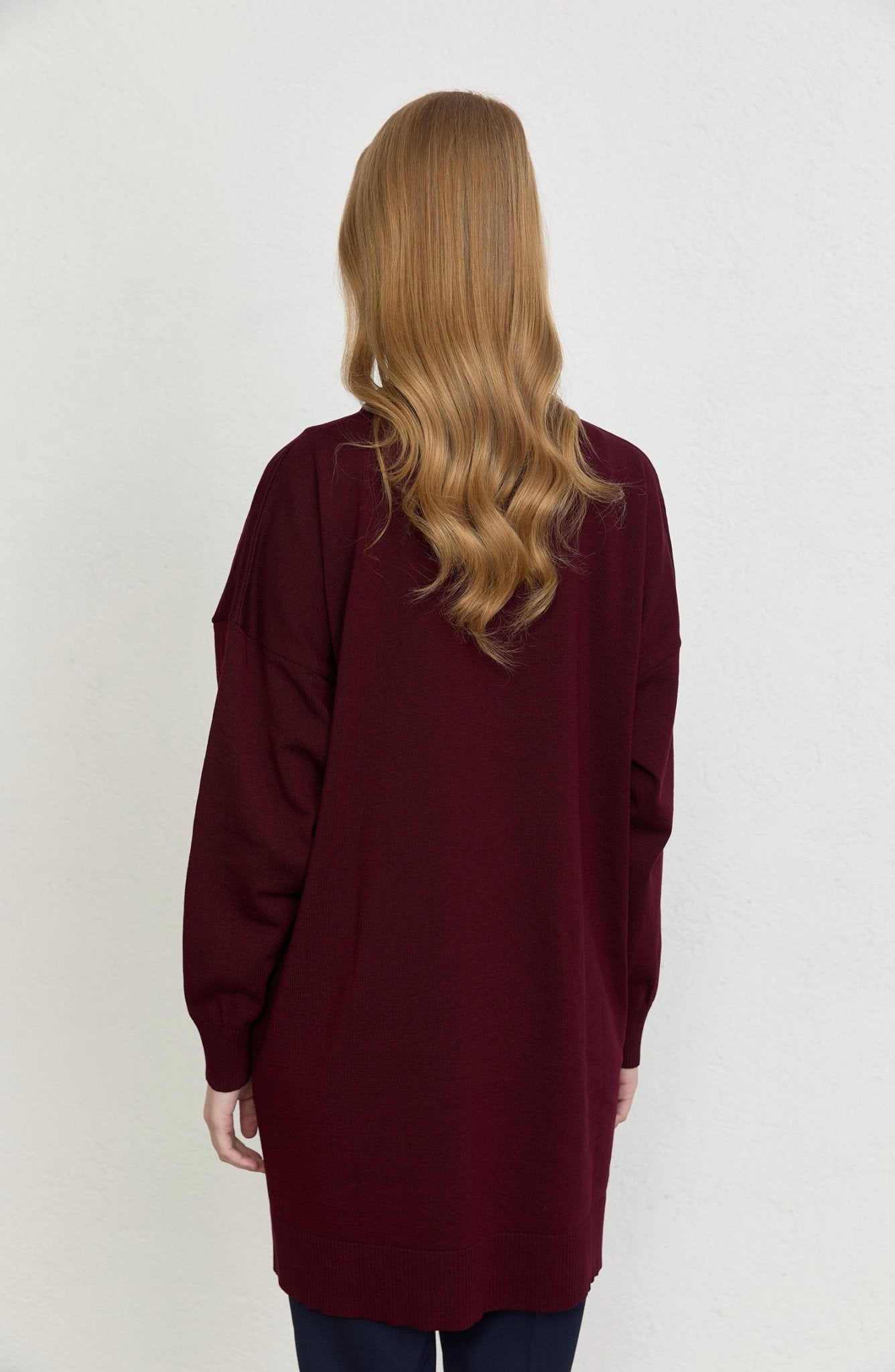 Fularlı Oversize Bordo Merserize Triko Tunik - Fatma Atasoy