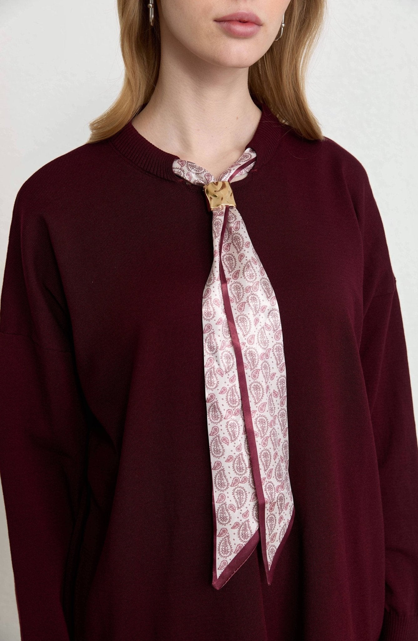 Fularlı Oversize Bordo Merserize Triko Tunik - Fatma Atasoy