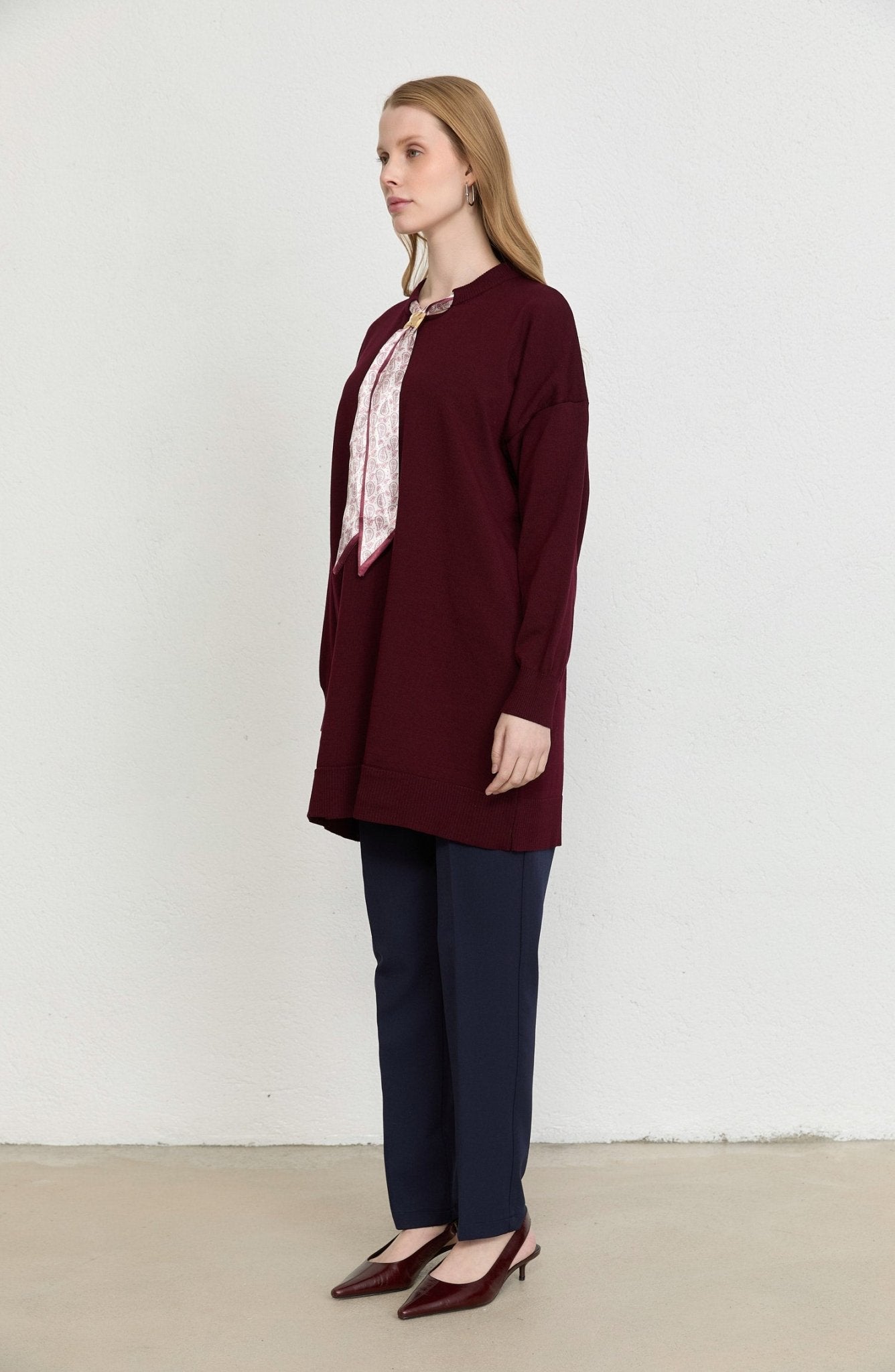 Fularlı Oversize Bordo Merserize Triko Tunik - Fatma Atasoy