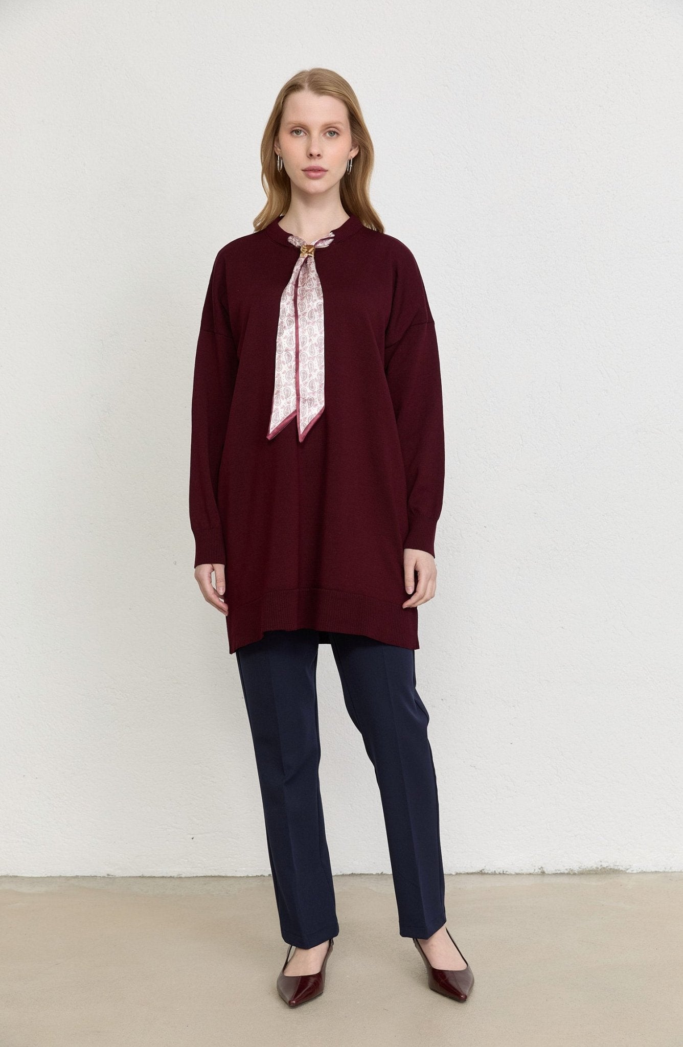 Fularlı Oversize Bordo Merserize Triko Tunik - Fatma Atasoy