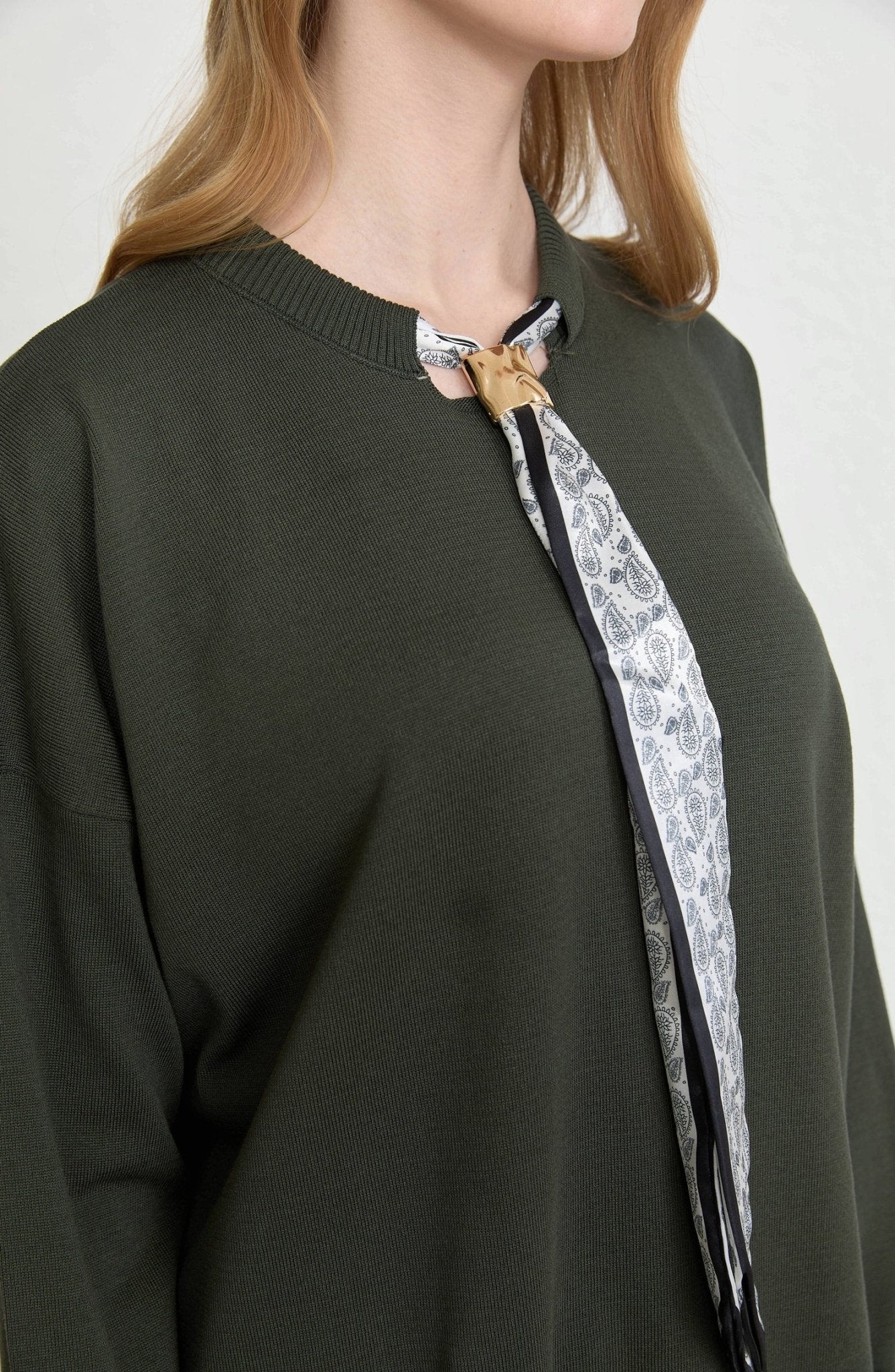 Fularlı Oversize Haki Merserize Triko Tunik - Fatma Atasoy