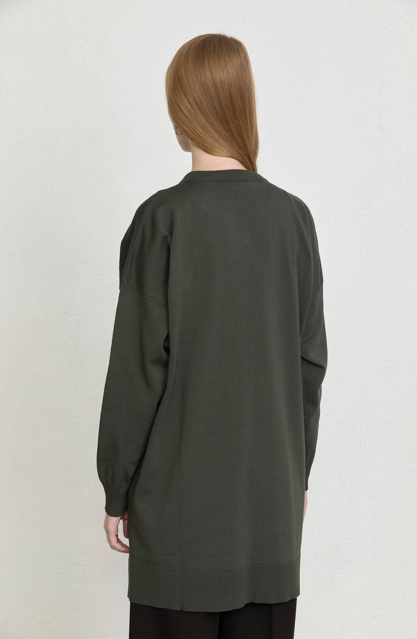 Fularlı Oversize Haki Merserize Triko Tunik - Fatma Atasoy