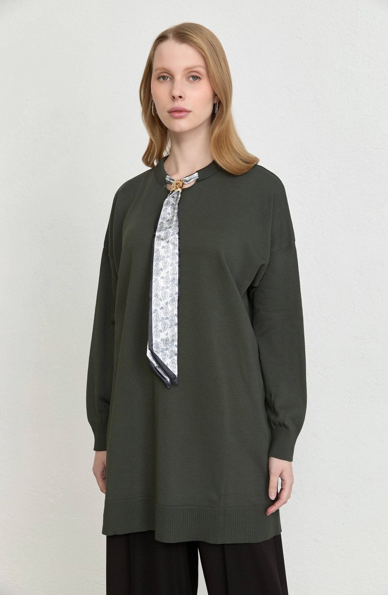 Fularlı Oversize Haki Merserize Triko Tunik - Fatma Atasoy