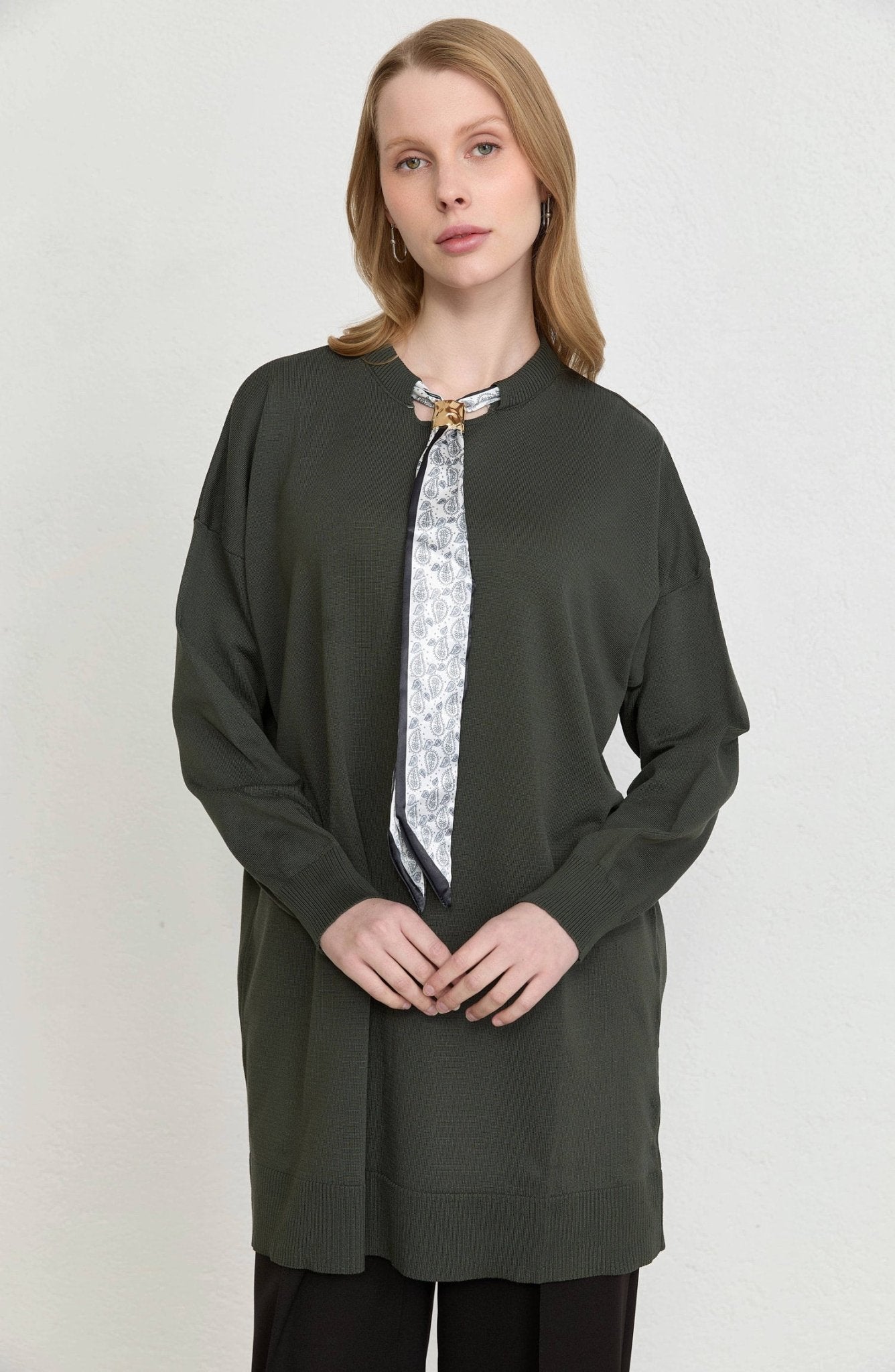Fularlı Oversize Haki Merserize Triko Tunik - Fatma Atasoy
