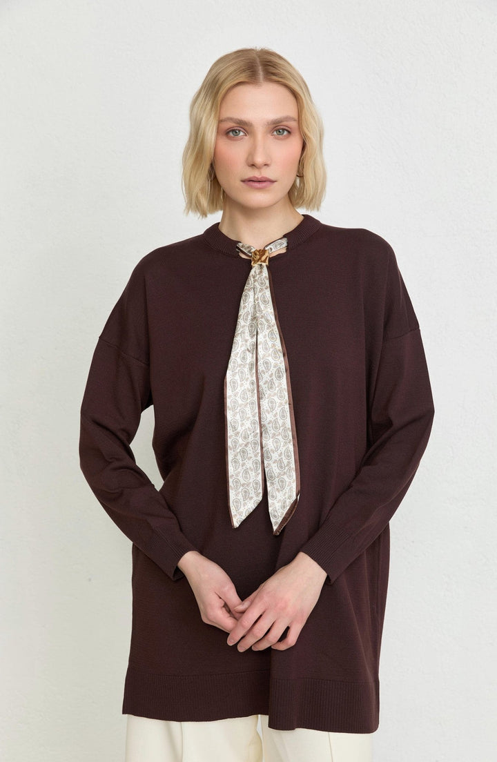 Fularlı Oversize Kahverengi Merserize Triko Tunik - Fatma Atasoy