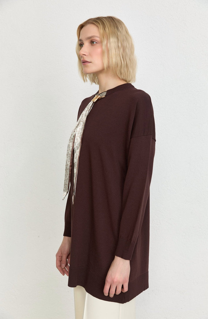 Fularlı Oversize Kahverengi Merserize Triko Tunik - Fatma Atasoy