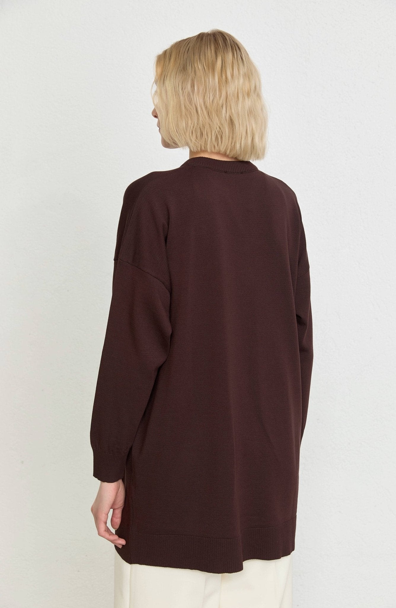 Fularlı Oversize Kahverengi Merserize Triko Tunik - Fatma Atasoy