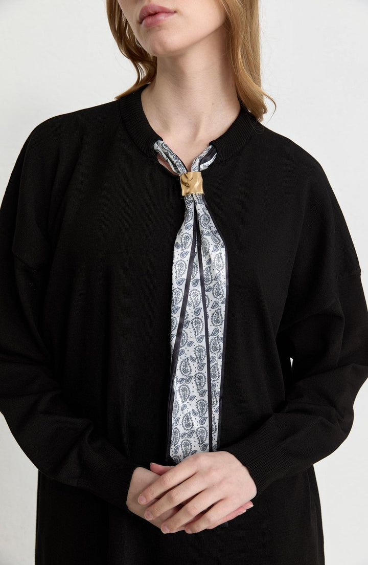 Fularlı Oversize Siyah Merserize Triko Tunik - Fatma Atasoy