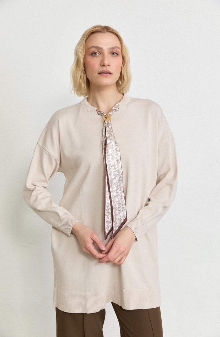 Fularlı Oversize Taş Merserize Triko Tunik - Fatma Atasoy