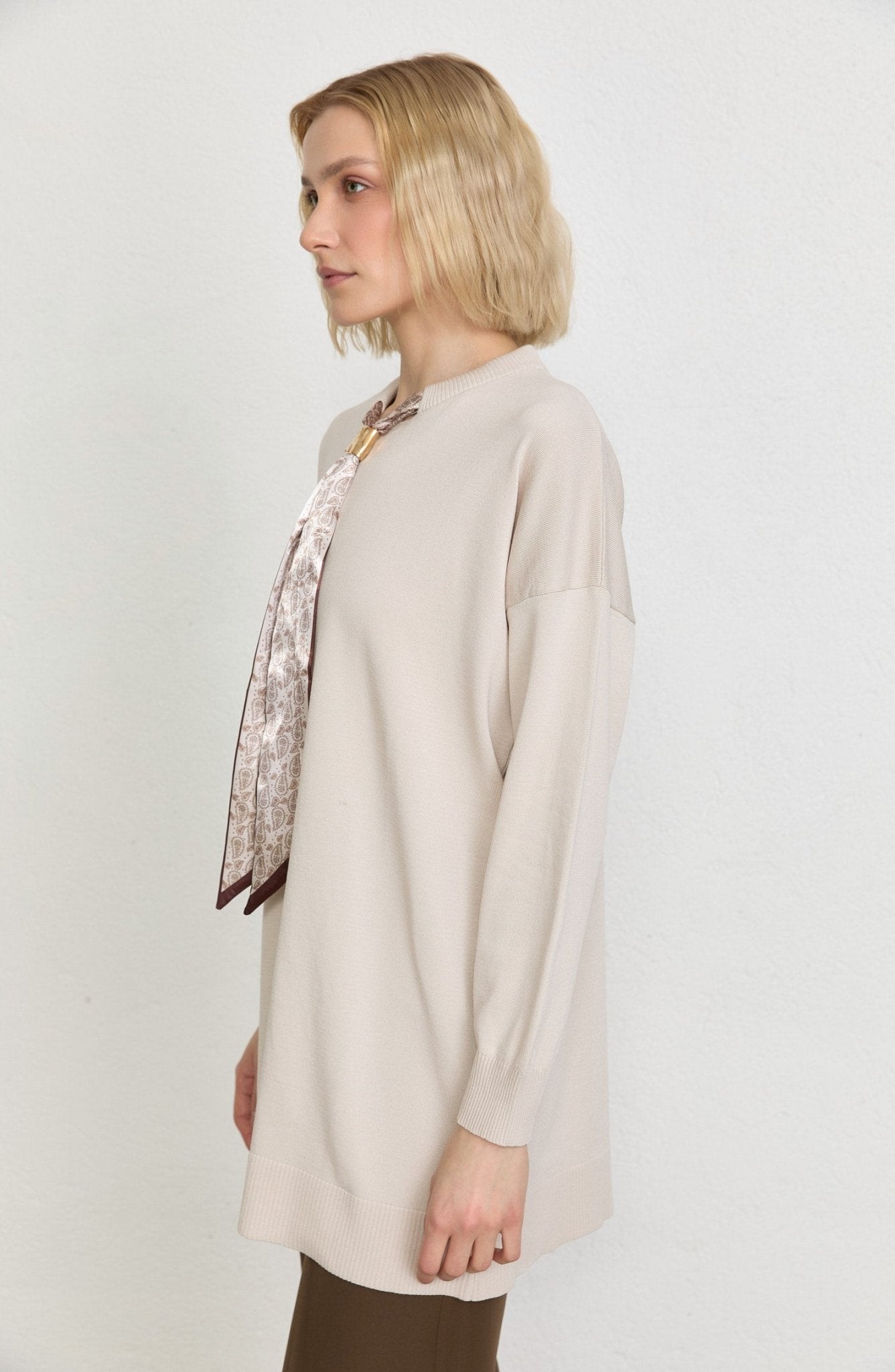 Fularlı Oversize Taş Merserize Triko Tunik - Fatma Atasoy