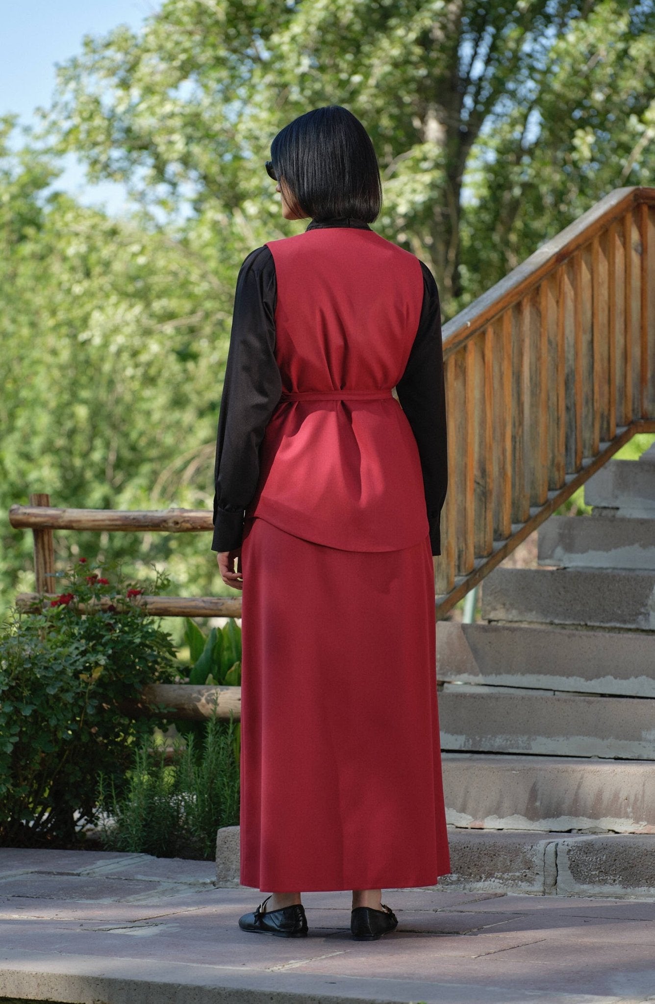Gabardin Bağlamalı Bordo Yelek Etek Takım - Fatma Atasoy
