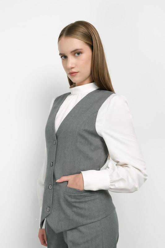 Gabardin Midi Yelek Gri - Fatma Atasoy