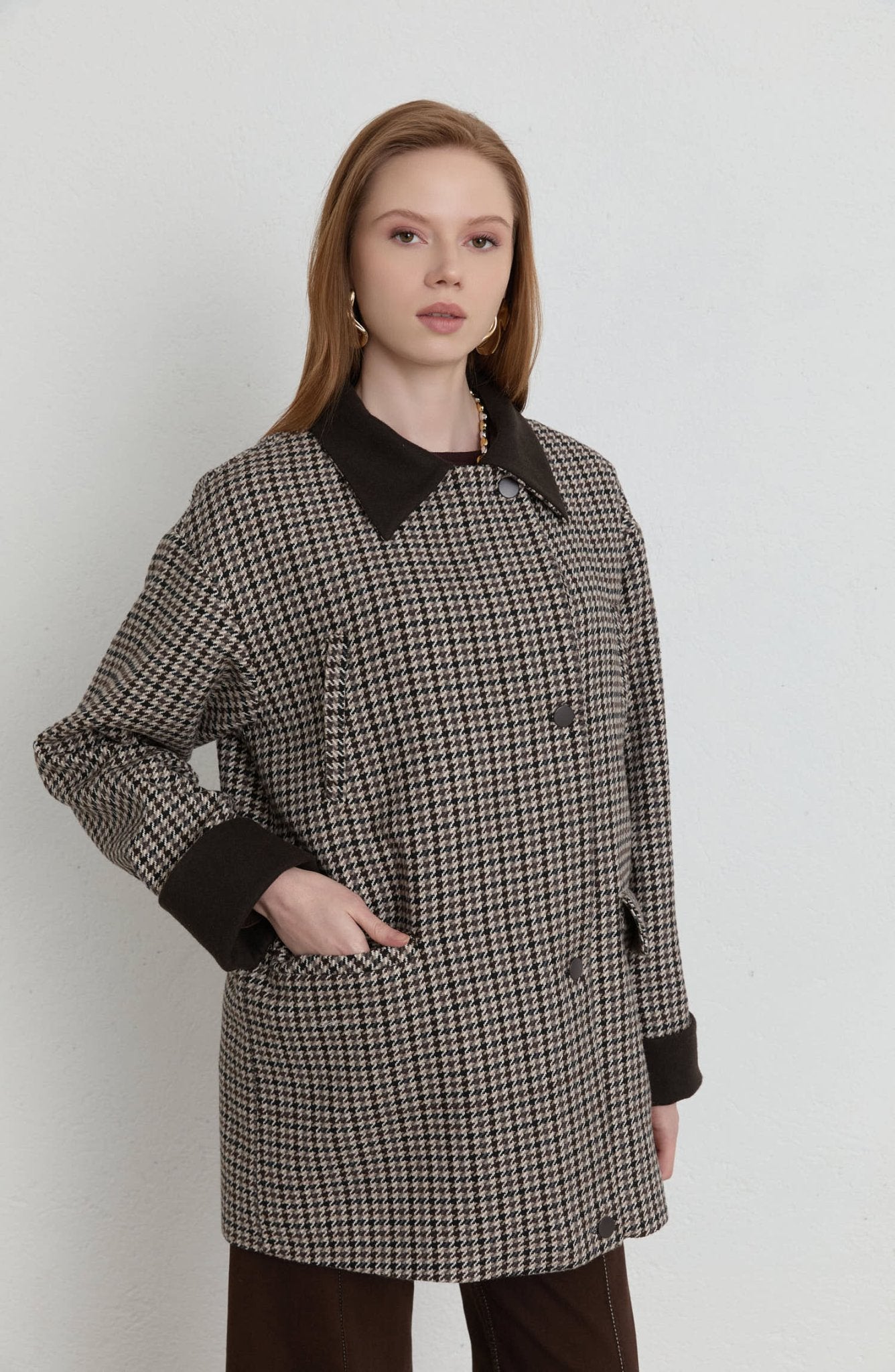 Garnili Kazayağı Acı Kahve Ceket Kaban - Fatma Atasoy