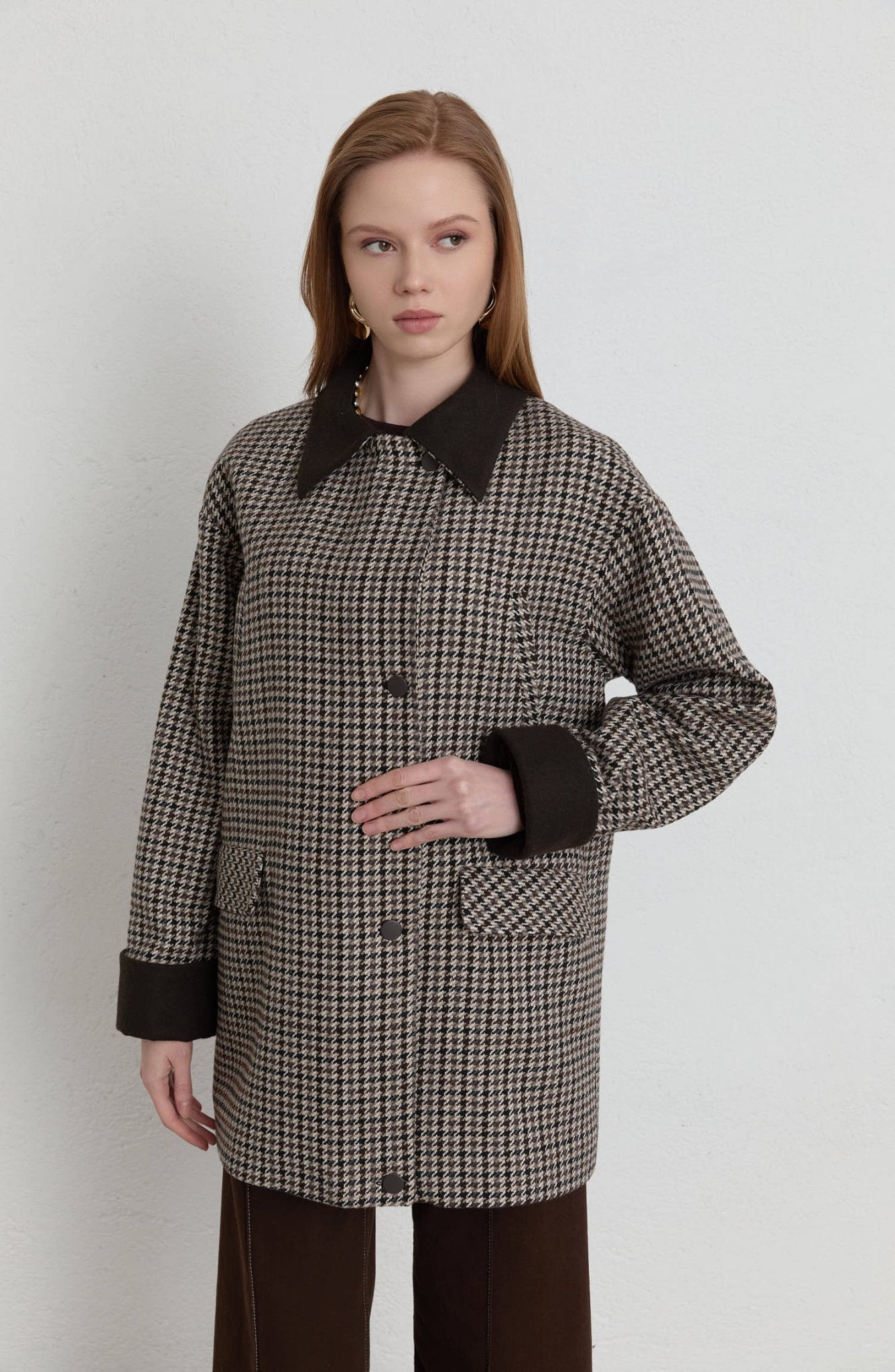 Garnili Kazayağı Acı Kahve Ceket Kaban - Fatma Atasoy