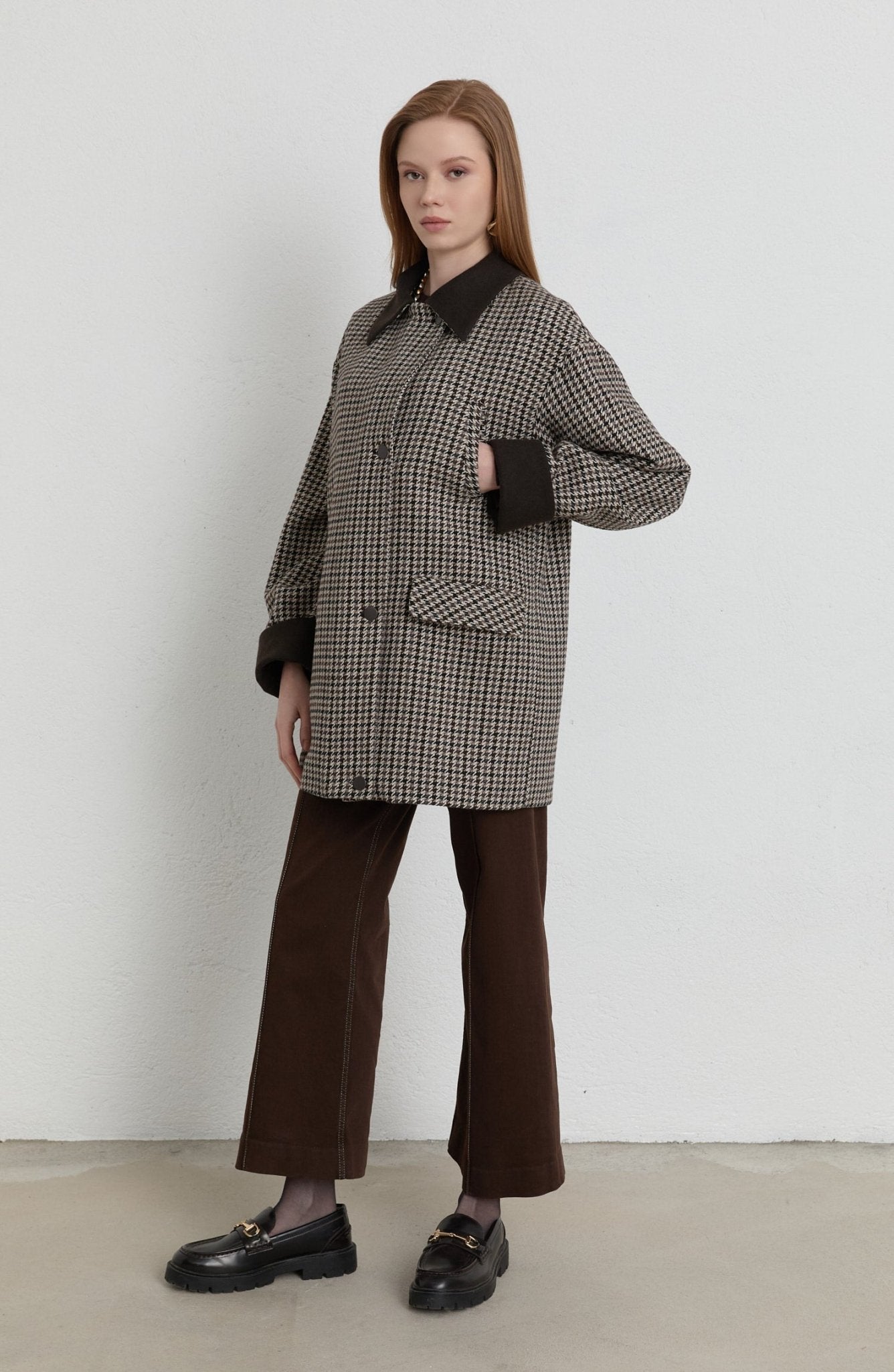 Garnili Kazayağı Acı Kahve Ceket Kaban - Fatma Atasoy