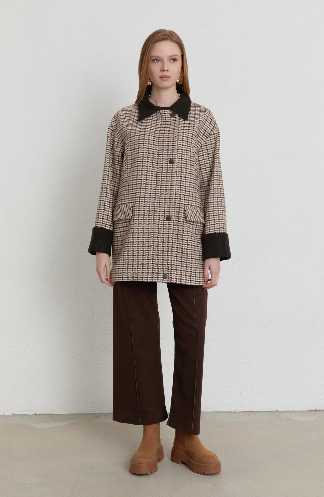 Garnili Kazayağı Sütlü Kahve Ceket Kaban - Fatma Atasoy