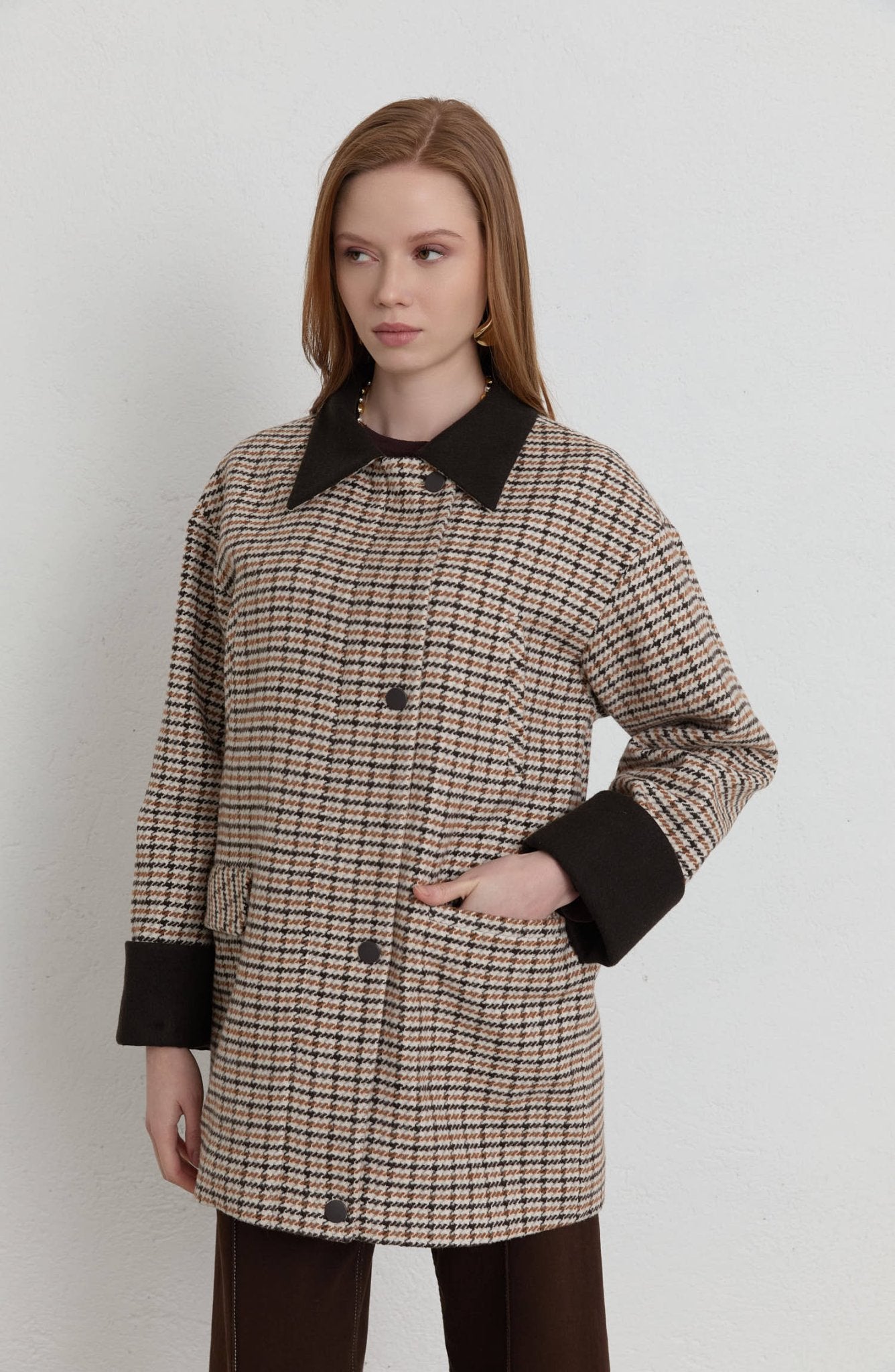 Garnili Kazayağı Sütlü Kahve Ceket Kaban - Fatma Atasoy