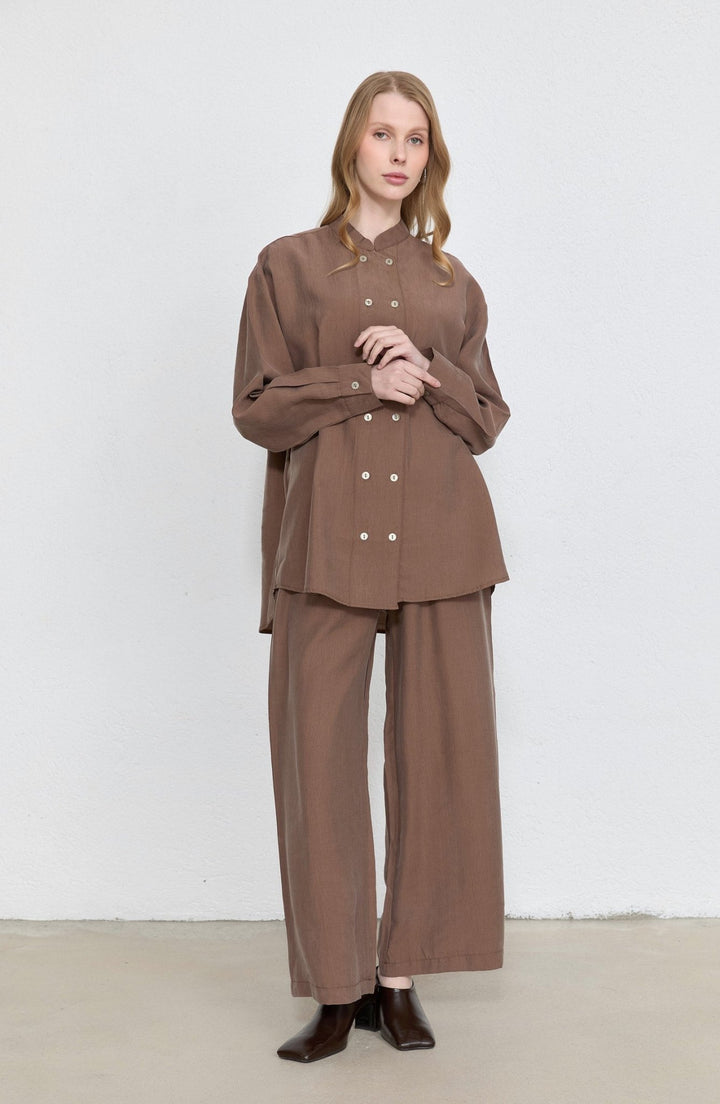 Geniş Patlı Kahverengi Soft Touch Tensel İkili Takım - Fatma Atasoy