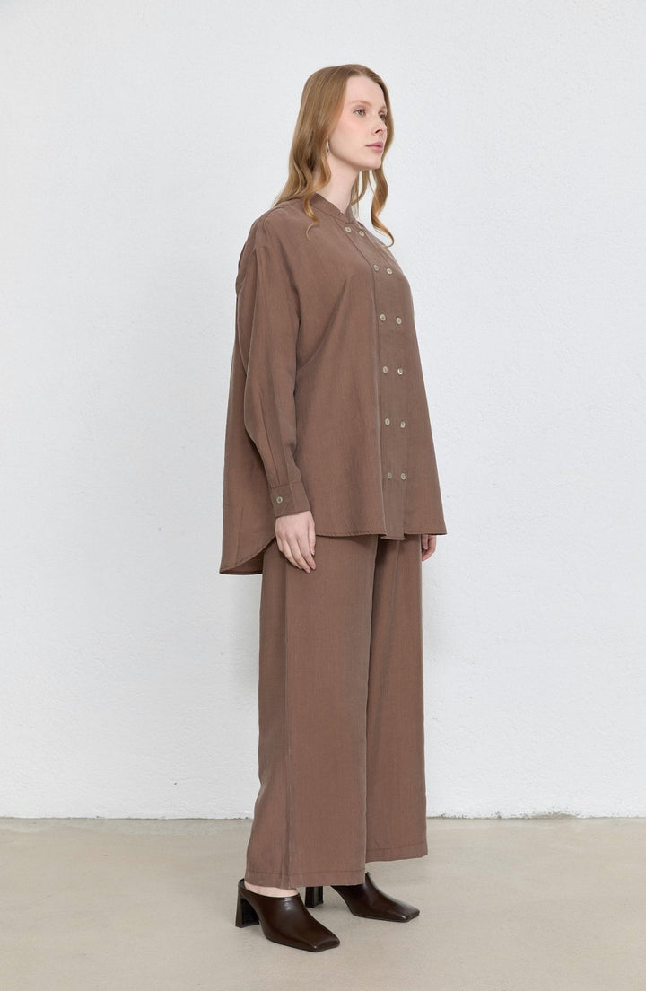 Geniş Patlı Kahverengi Soft Touch Tensel İkili Takım - Fatma Atasoy