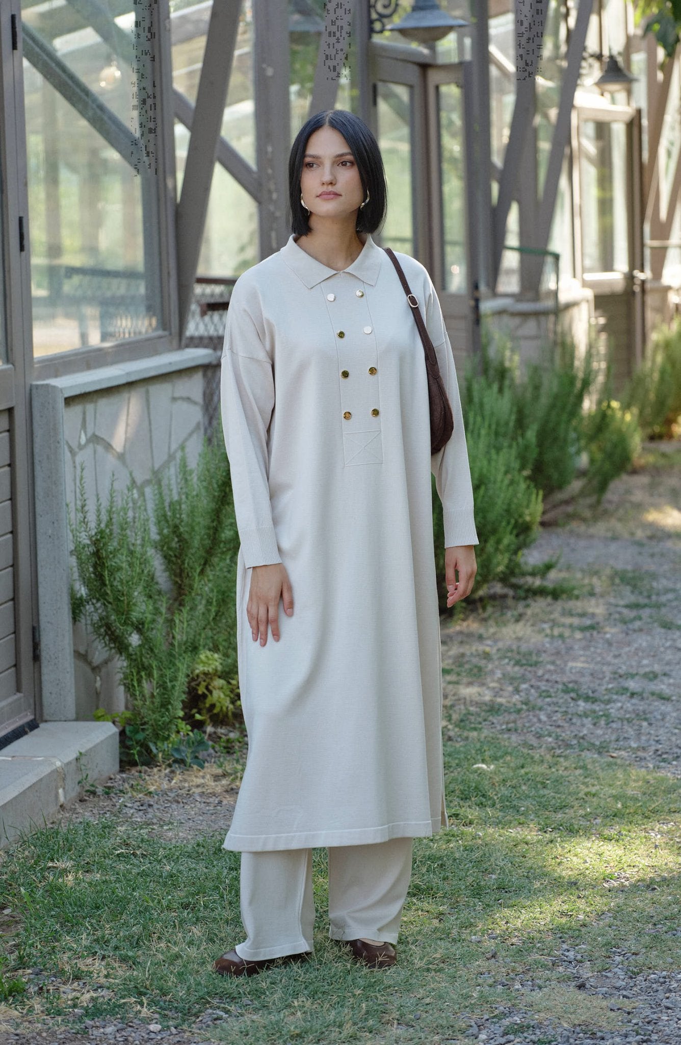 Geniş Patlı Maksi Ekru Merserize Triko İkili Takım - Fatma Atasoy