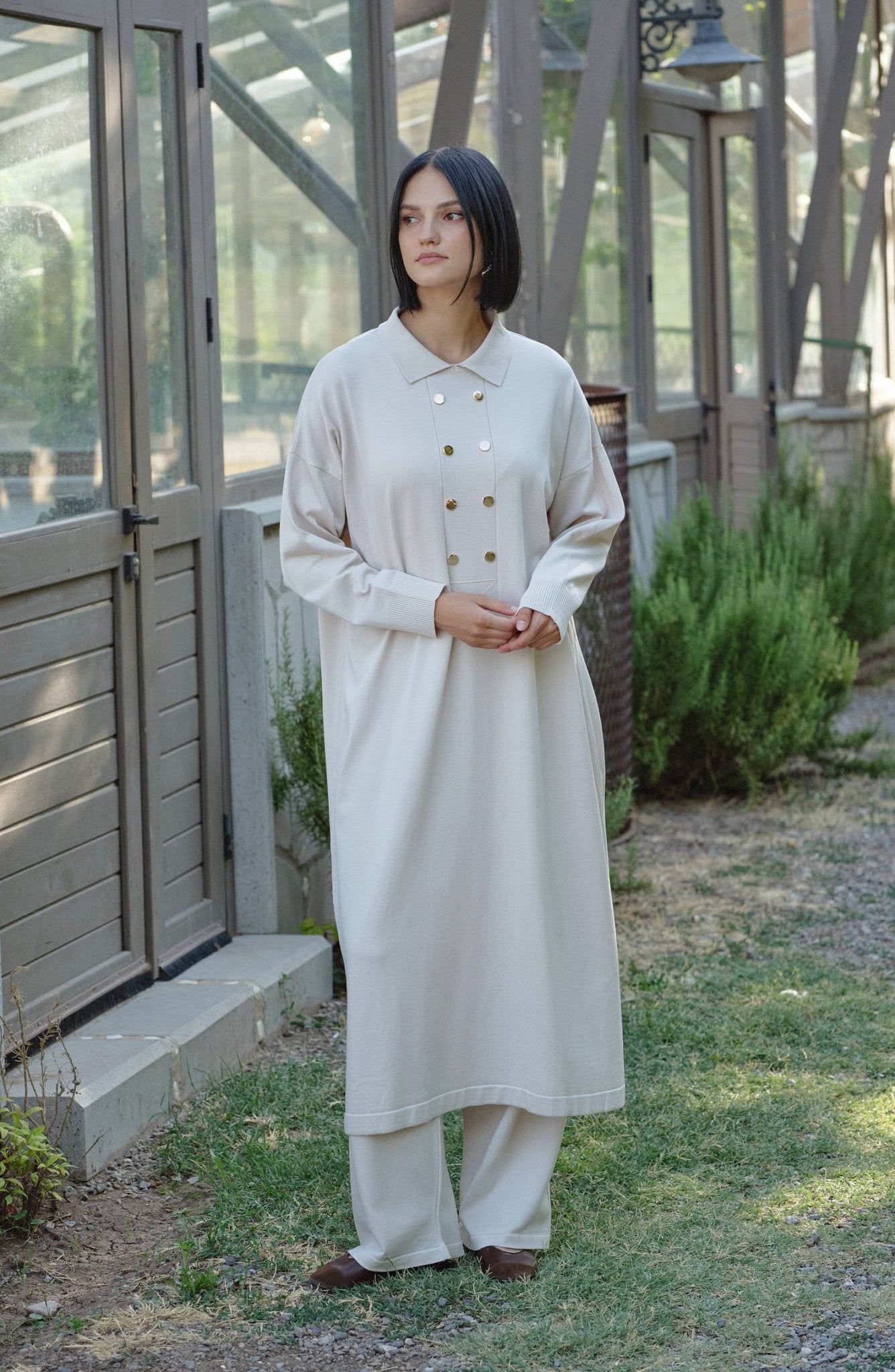 Geniş Patlı Maksi Ekru Merserize Triko İkili Takım - Fatma Atasoy