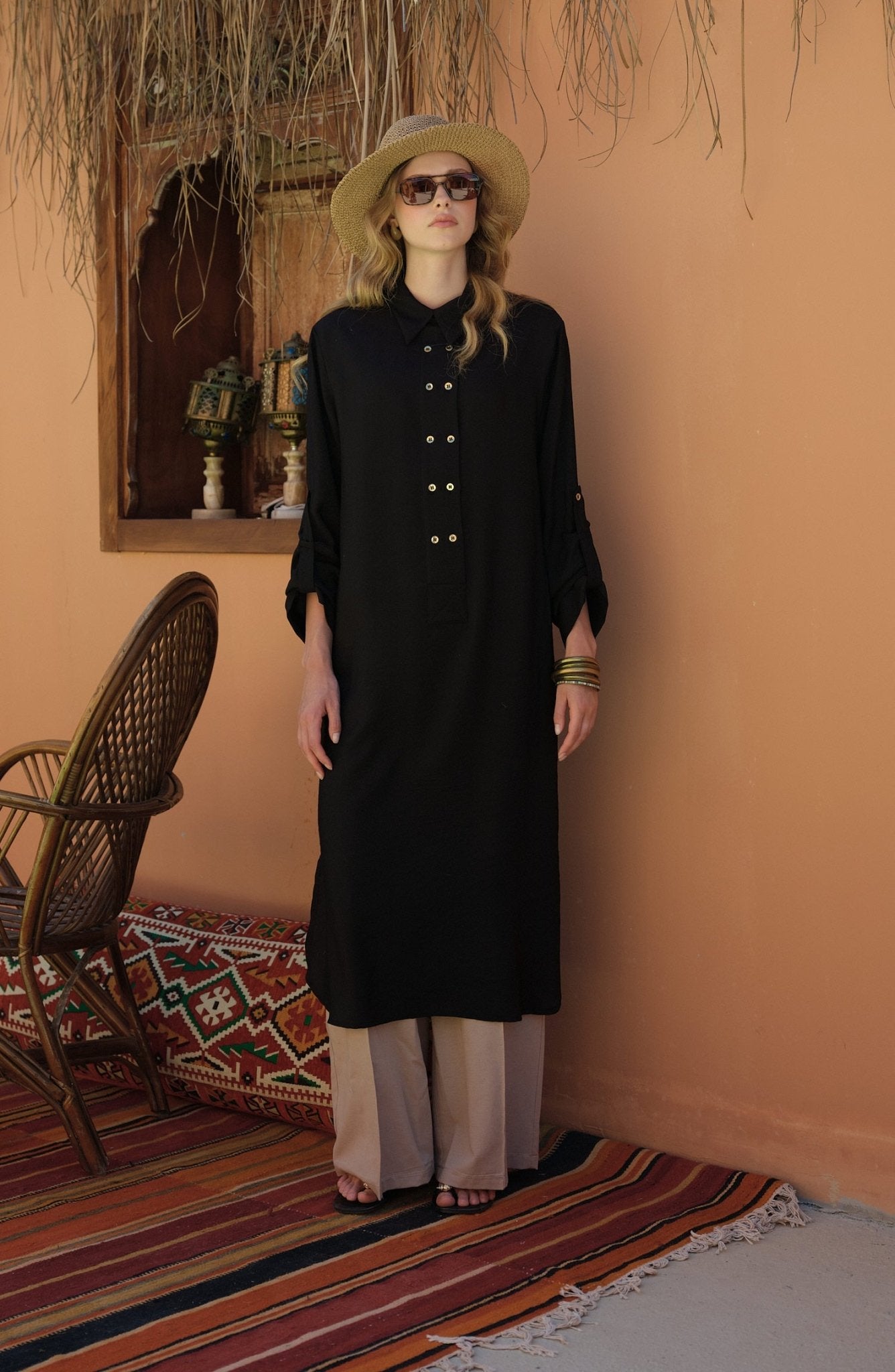 Geniş Patlı Maksi Siyah Tunik - Fatma Atasoy