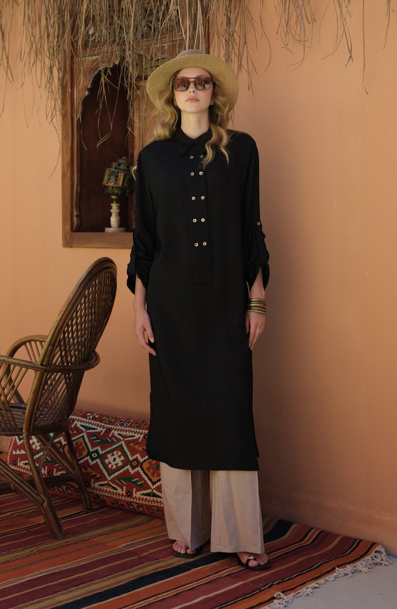 Geniş Patlı Maksi Siyah Tunik - Fatma Atasoy