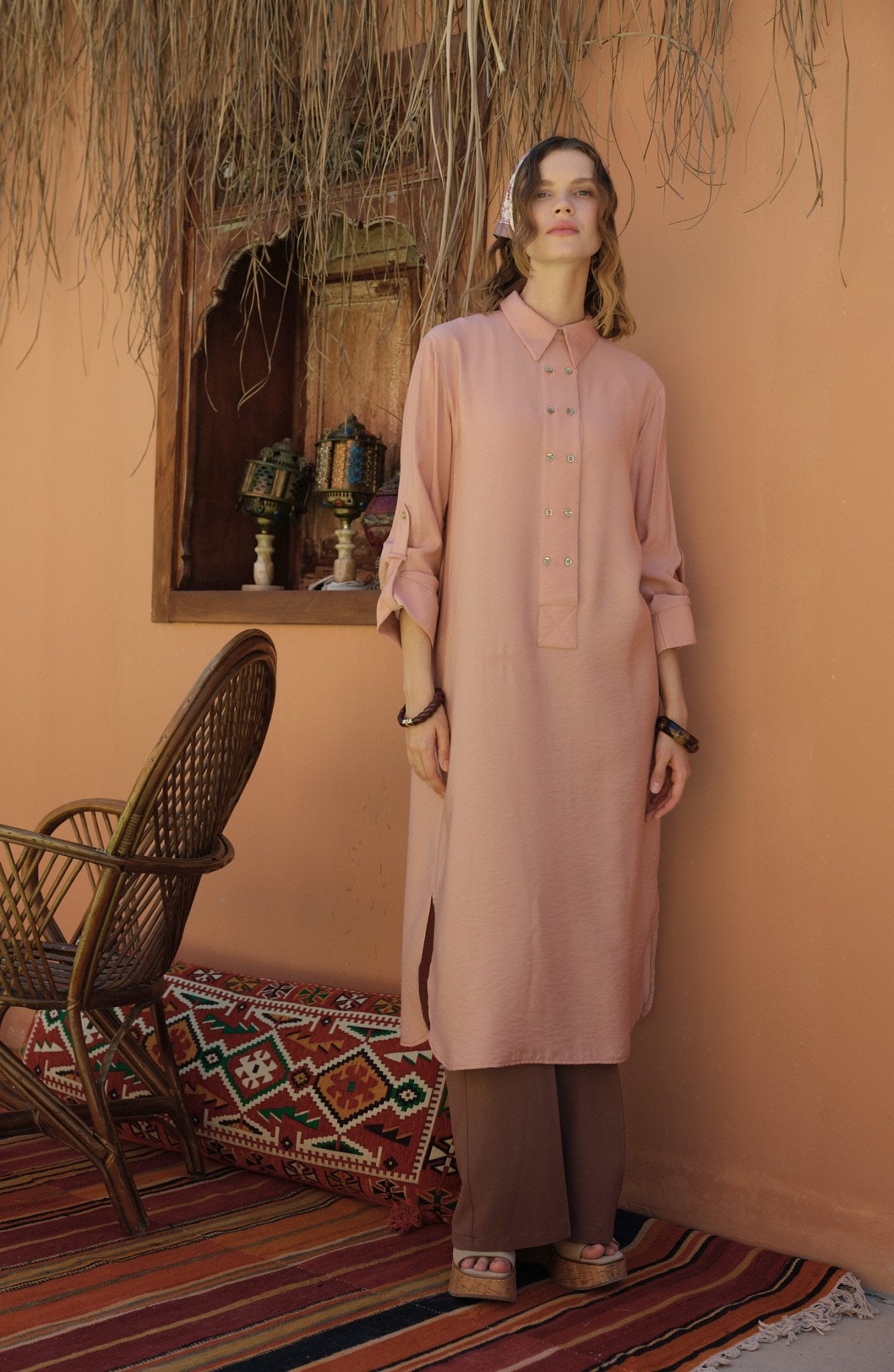 Geniş Patlı Maksi Soft Pembe Tunik - Fatma Atasoy