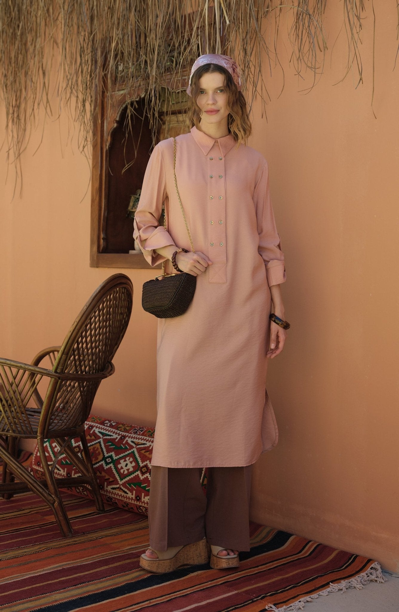 Geniş Patlı Maksi Soft Pembe Tunik - Fatma Atasoy