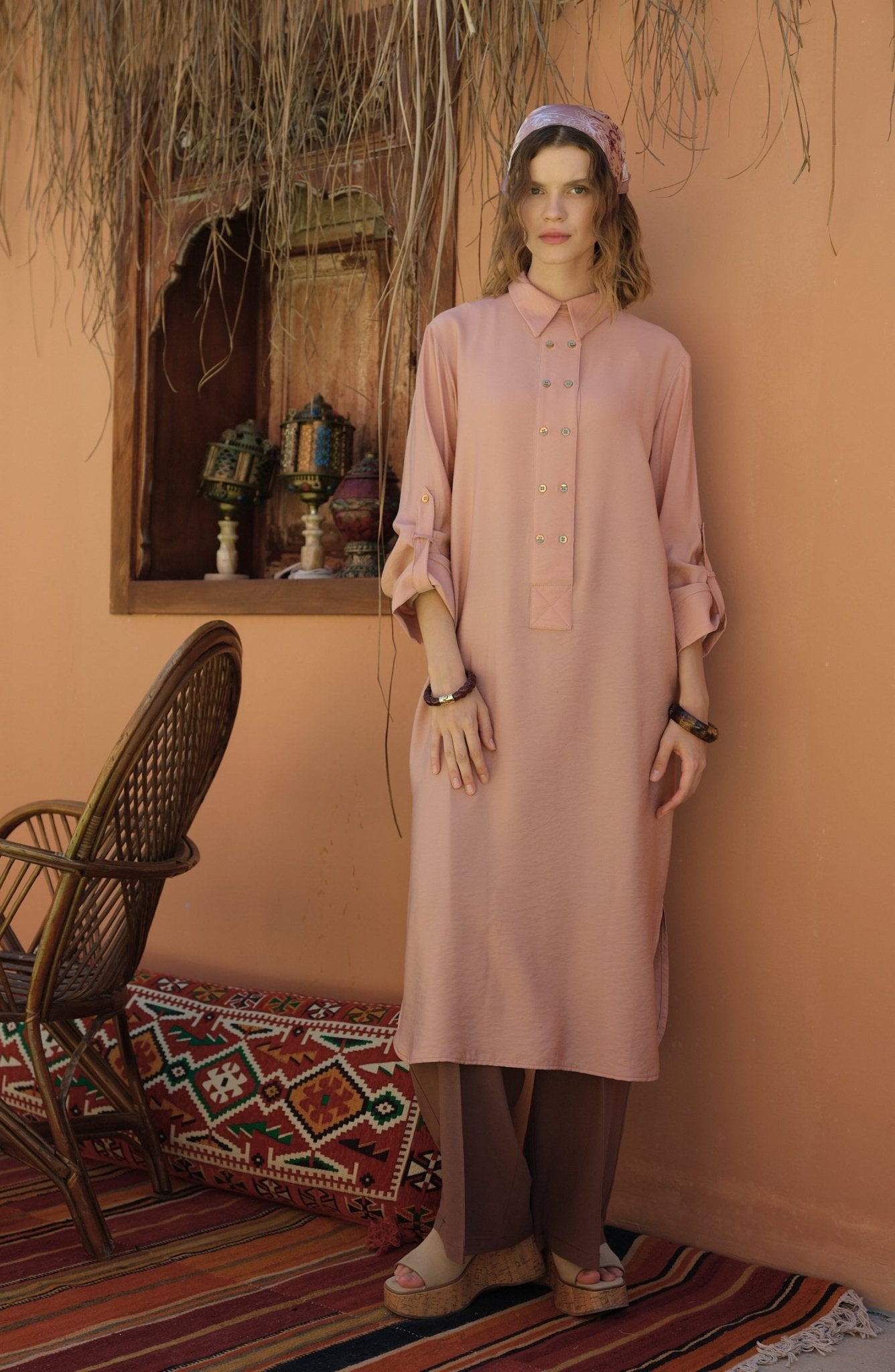 Geniş Patlı Maksi Soft Pembe Tunik - Fatma Atasoy