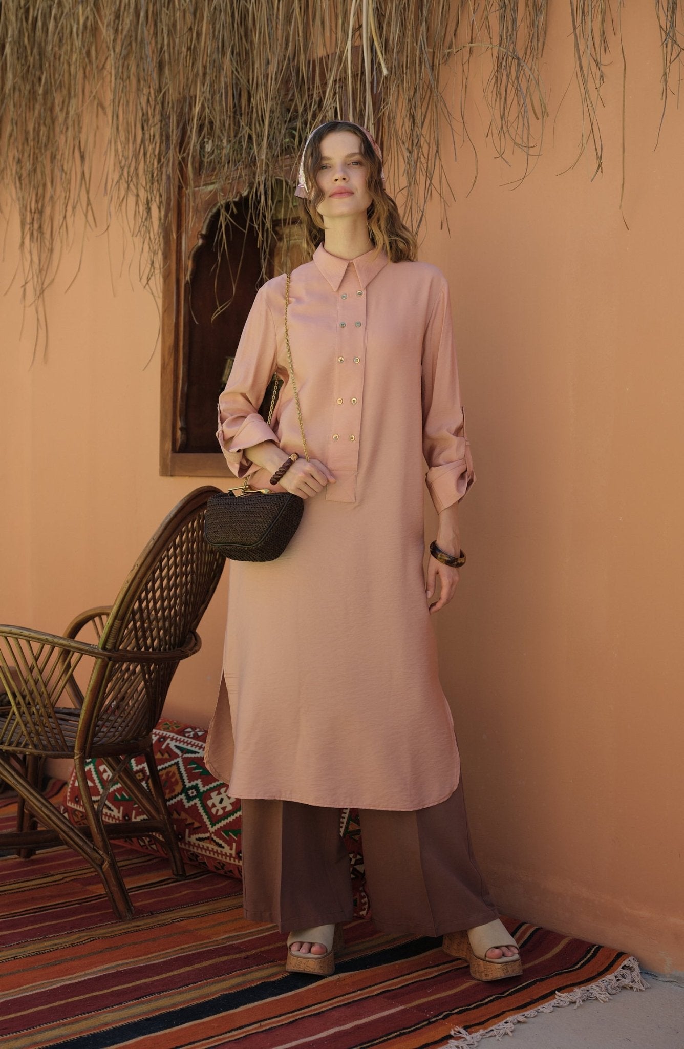 Geniş Patlı Maksi Soft Pembe Tunik - Fatma Atasoy