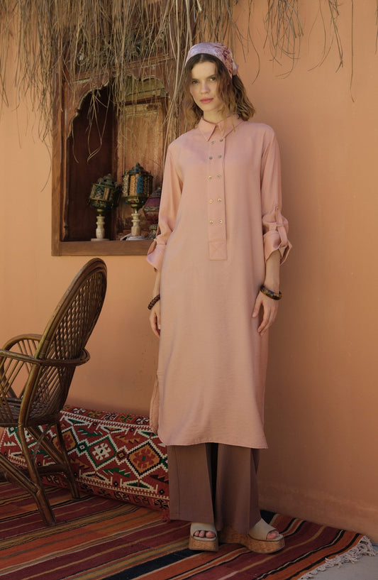 Geniş Patlı Maksi Soft Pembe Tunik - Fatma Atasoy