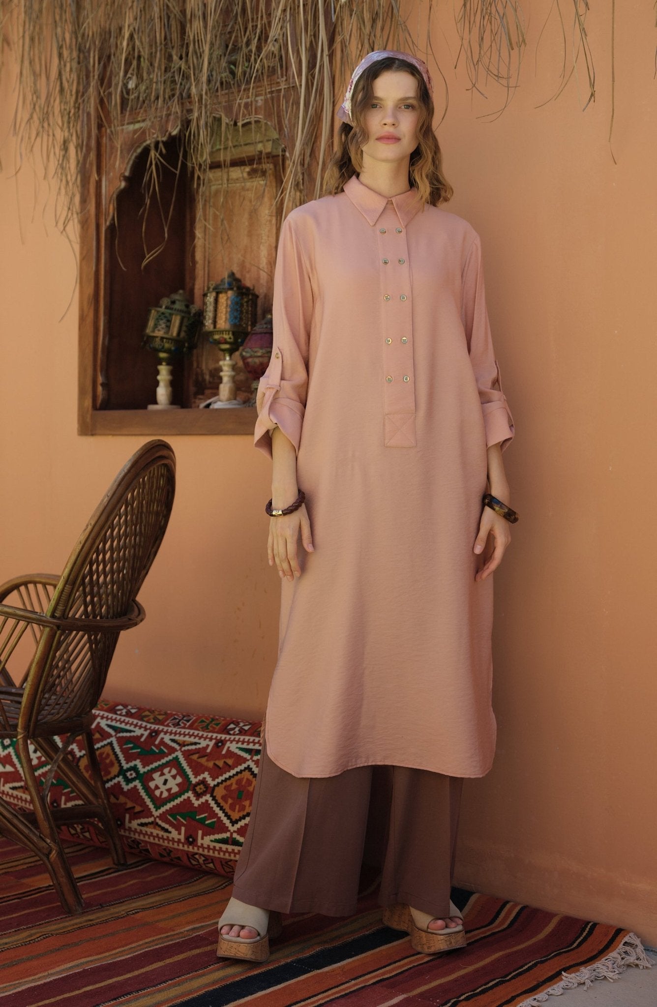 Geniş Patlı Maksi Soft Pembe Tunik - Fatma Atasoy