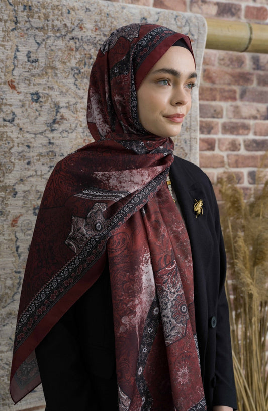 Glorina Bordo Etnik Desenli Şal - Fatma Atasoy