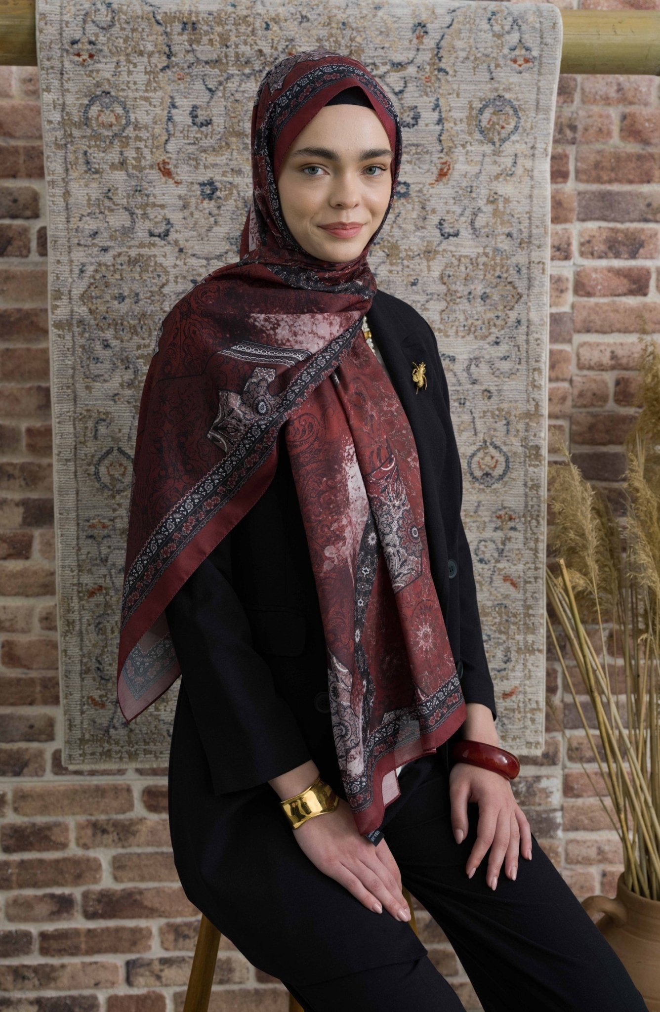 Glorina Bordo Etnik Desenli Şal - Fatma Atasoy