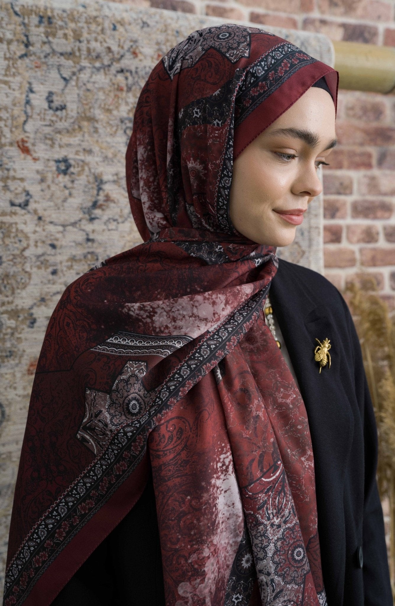 Glorina Bordo Etnik Desenli Şal - Fatma Atasoy
