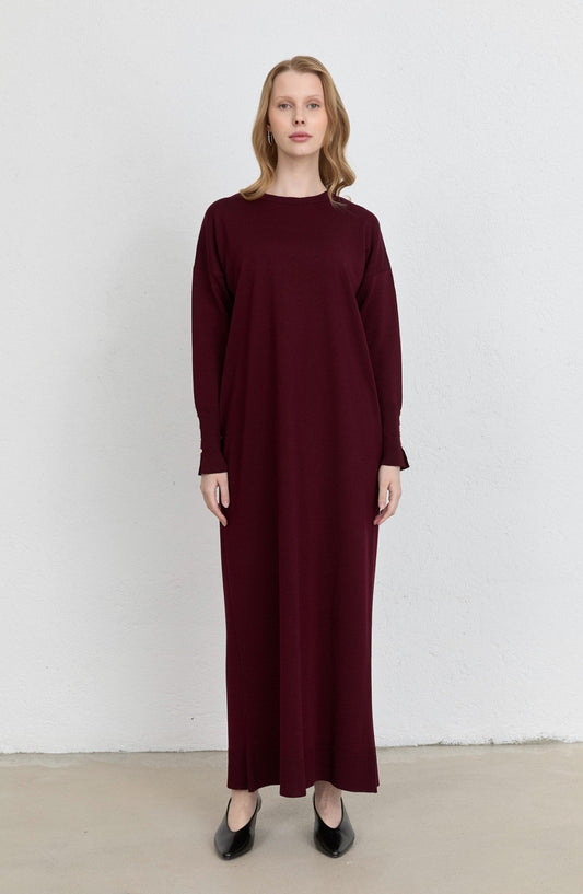 Gold Düğmeli Basic Bordo Merserize Triko Elbise - Fatma Atasoy