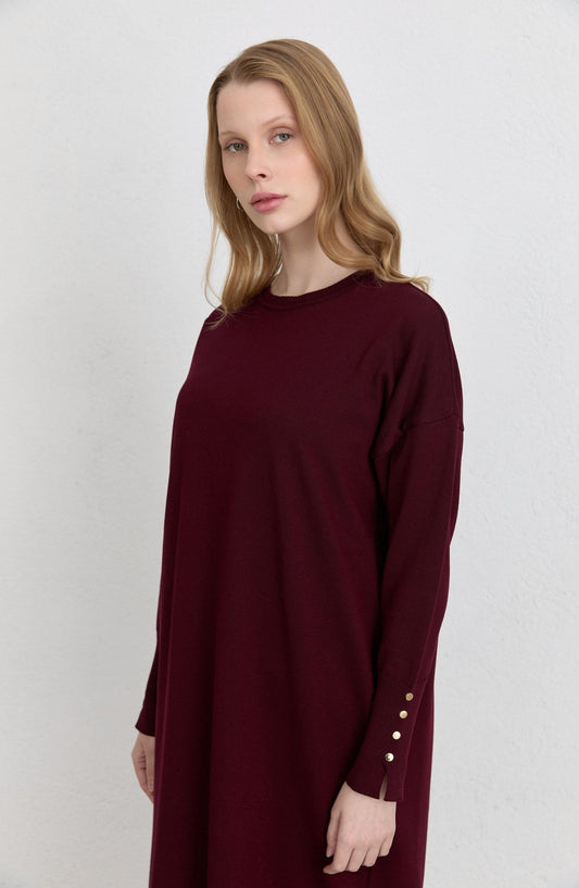 Gold Düğmeli Basic Bordo Merserize Triko Elbise - Fatma Atasoy