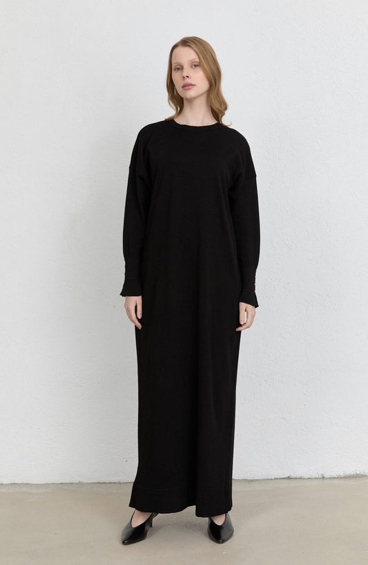 Gold Düğmeli Basic Siyah Merserize Triko Elbise - Fatma Atasoy