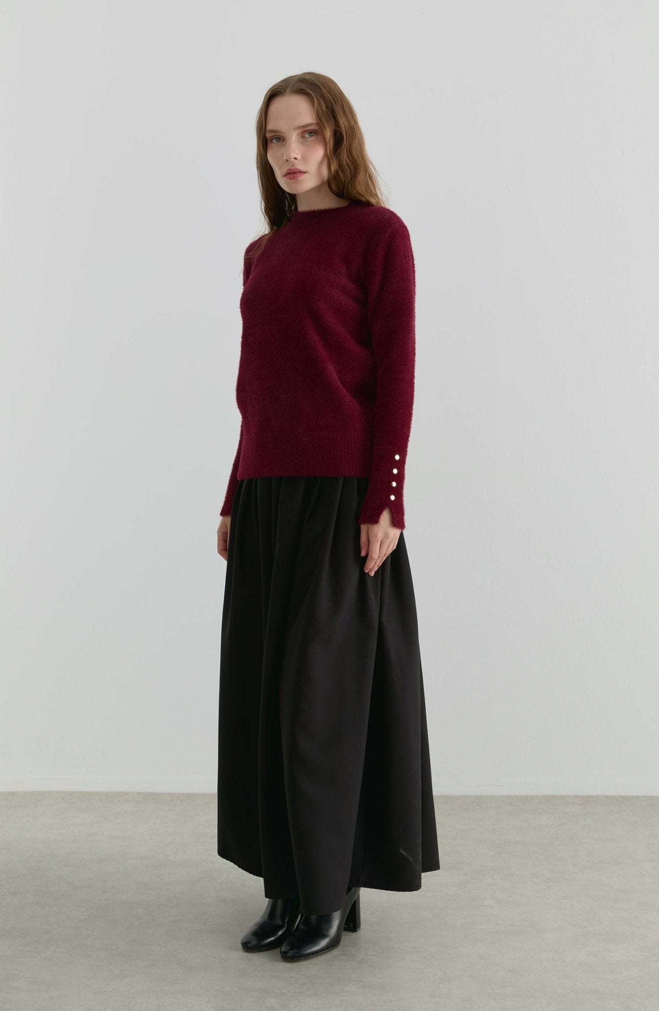 Gold Düğmeli Bordo Kısa Basic Yumoş Triko Kazak - Fatma Atasoy