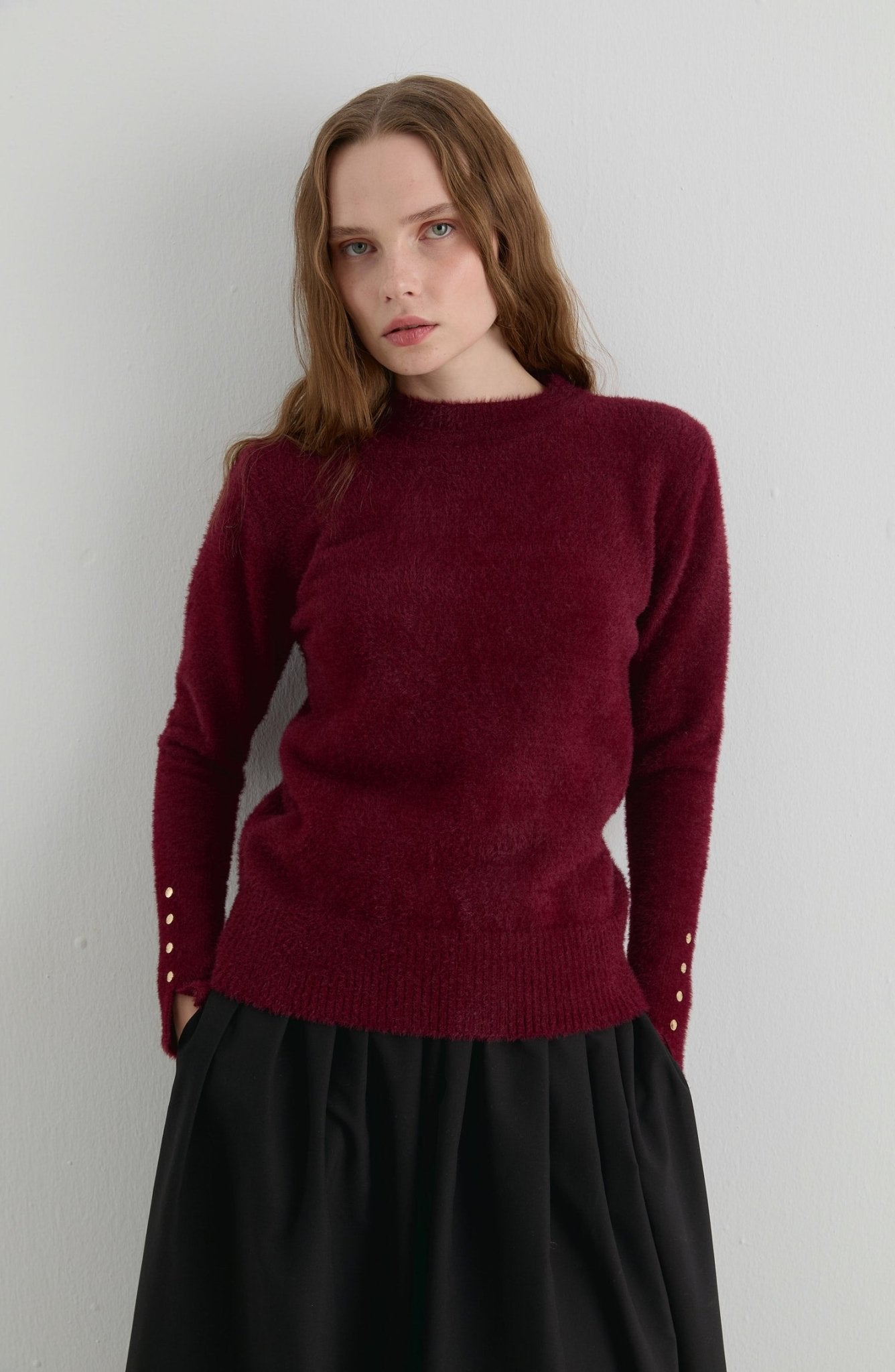 Gold Düğmeli Bordo Kısa Basic Yumoş Triko Kazak - Fatma Atasoy