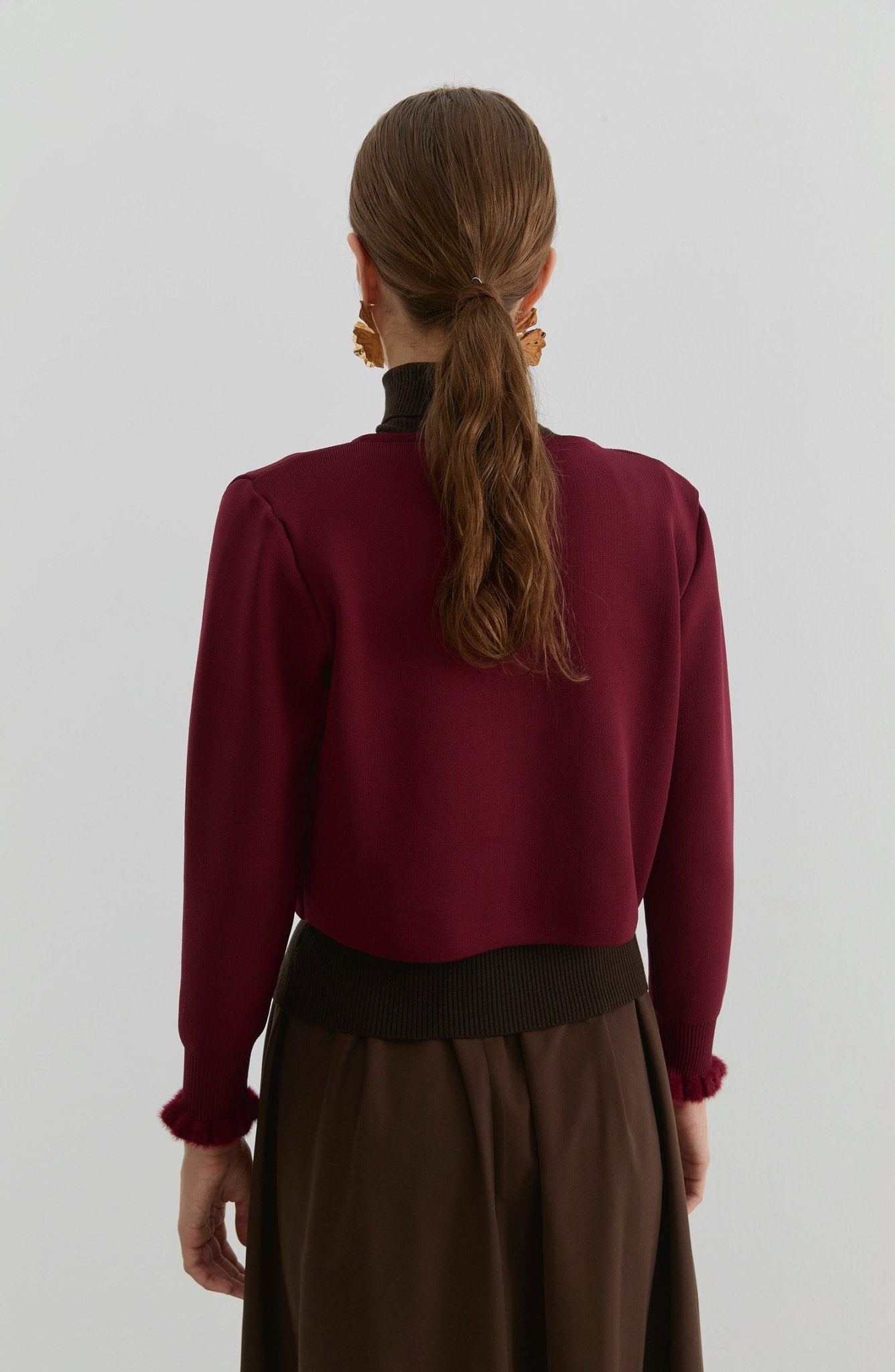 Gold Düğmeli Bordo Kısa Triko Ceket Hırka - Fatma Atasoy