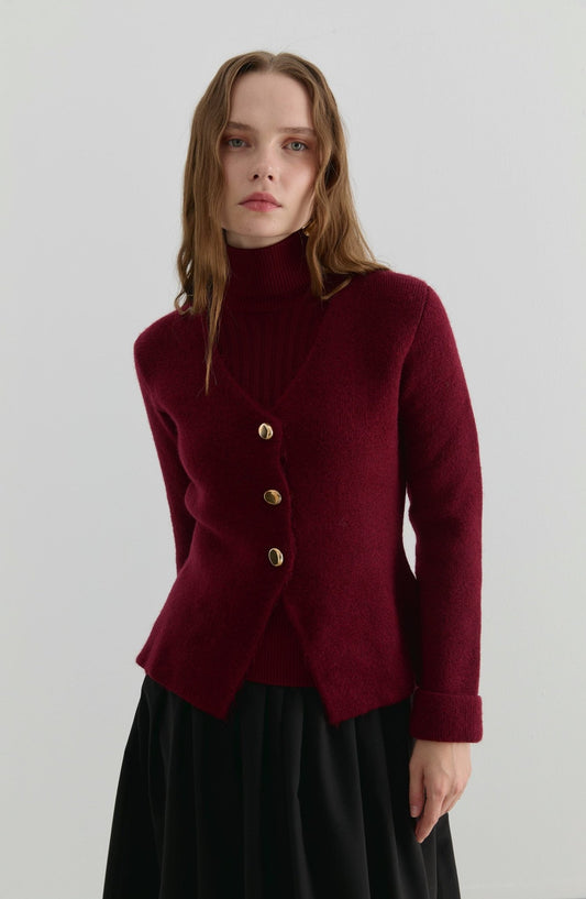 Gold Düğmeli Bordo Yumoş Triko Hırka - Fatma Atasoy